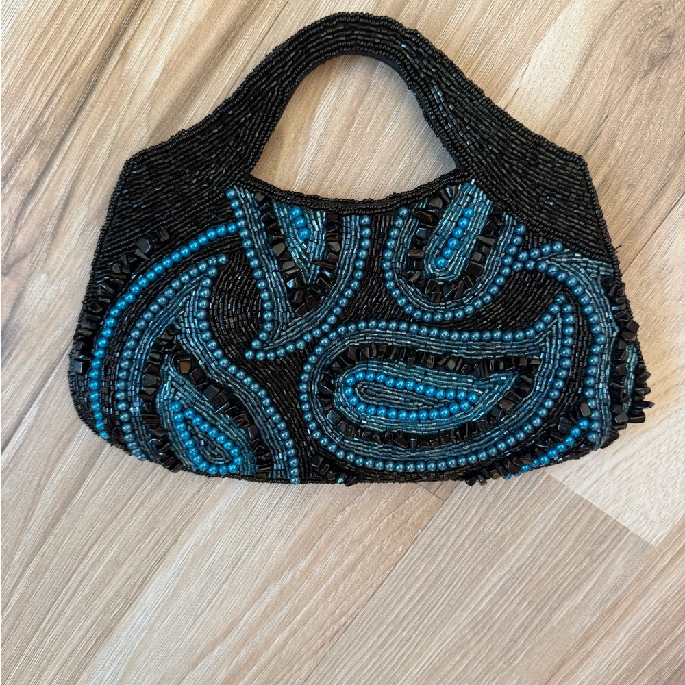 Black Beaded Clutch with Teal Accents